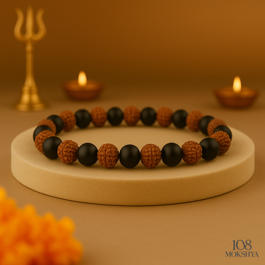 Mokshya Karungali Rudraksha Bracelet - Natural Ebony Wood & 5 Mukhi Rudraksha Beads