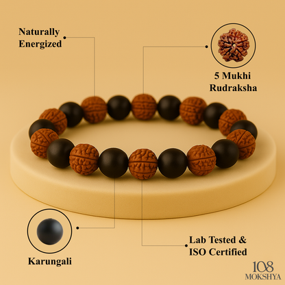 Mokshya Karungali Rudraksha Bracelet - Natural Ebony Wood & 5 Mukhi Rudraksha Beads