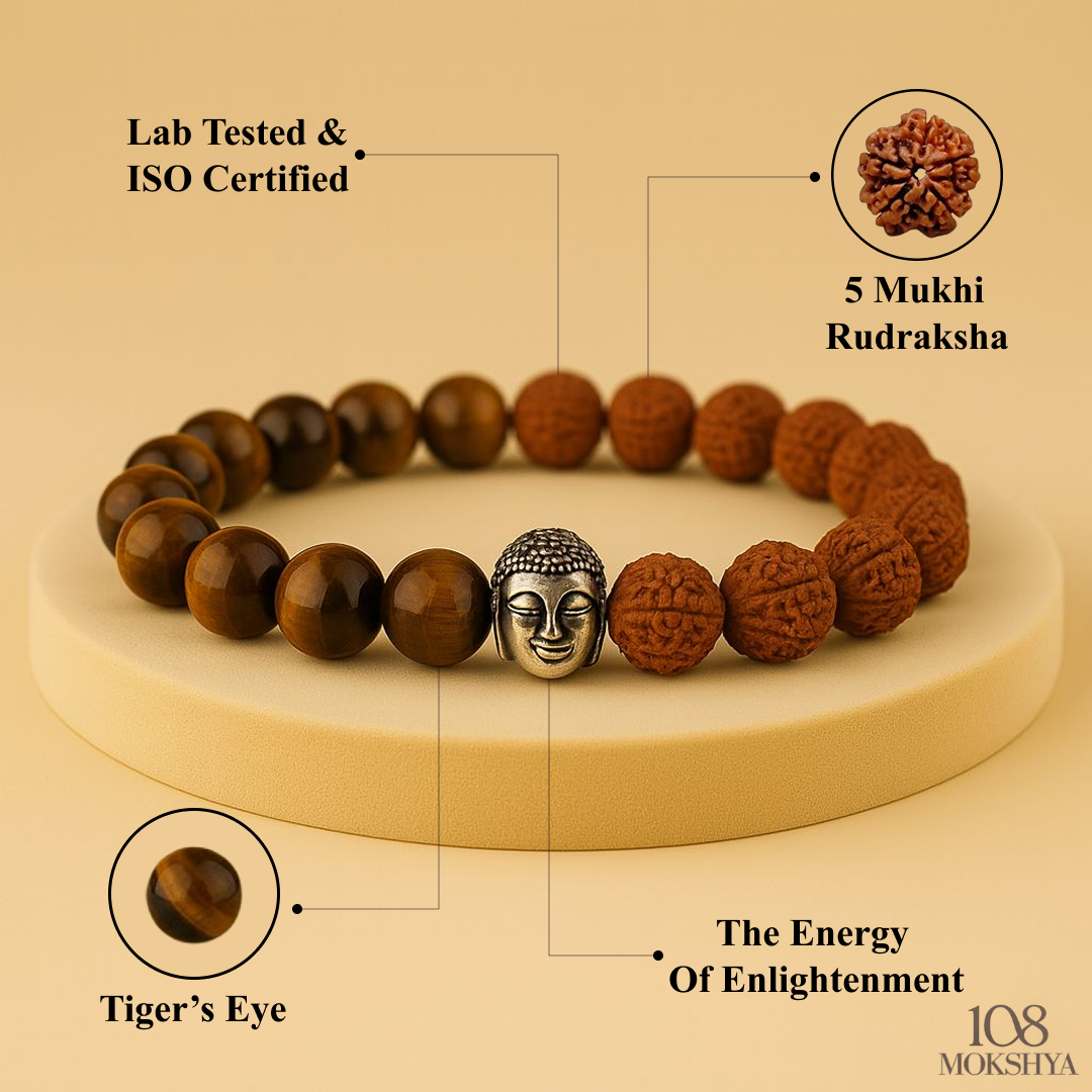 Mokshya Spiritual Harmony Bracelet - Tiger's Eye, Rudraksha, and Buddha Symbol