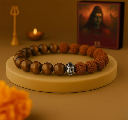 Mokshya Spiritual Harmony Bracelet - Tiger's Eye, Rudraksha, and Buddha Symbol