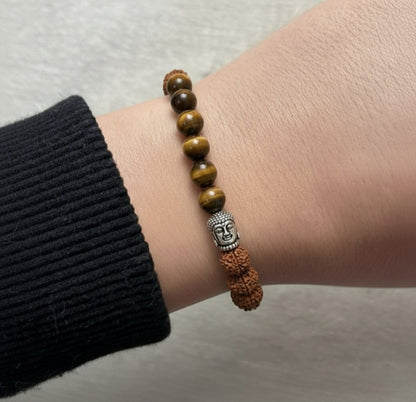 Mokshya Spiritual Harmony Bracelet - Tiger's Eye, Rudraksha, and Buddha Symbol